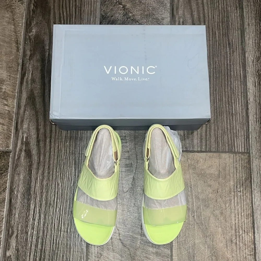Nwt Vionic “Karleen”lime green leather & transparent platform sandals.